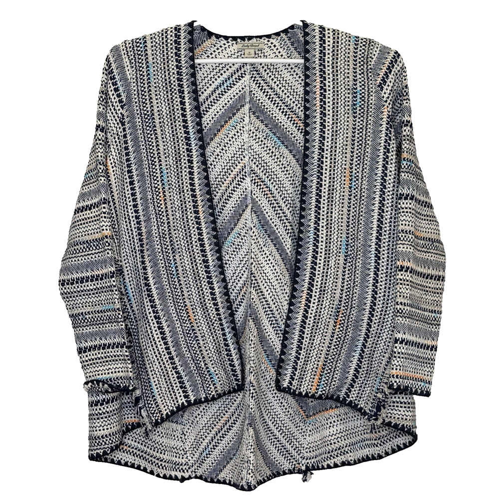 Lucky Brand Pottery Open Front Sweater Cardigan Womens Sz Small Blue Cream Knit